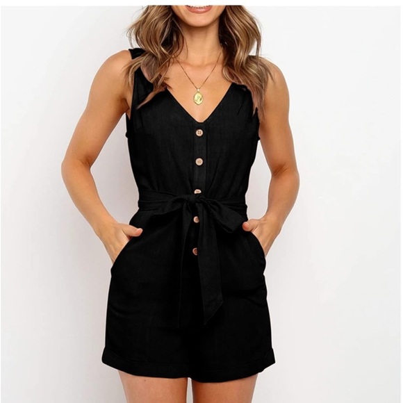 Pink Lily Pants - PINK LILY Sleeveless Romper Size Medium Black Linen Rayon Vneck Tie casual beach